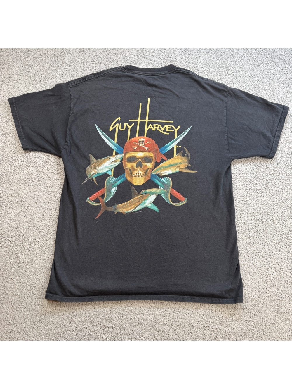 Vintage 2005 Guy Harvey Pirate Skull Sharks Swordfish Black Pocket T-Shirt L